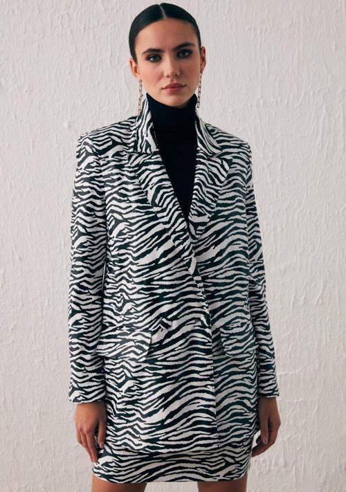 Zebra Desenli Deri Ceket - Ekru