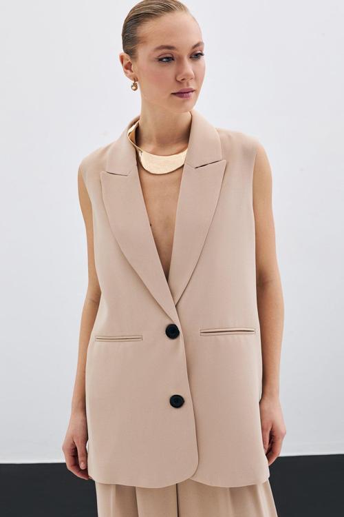 Düğme Detaylı Salaş Yelek - Bej