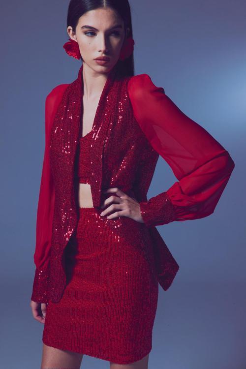 Şifon Kollu Payet Ceket - Kırmızı