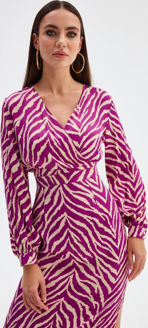 Kruvaze Zebra Desenli Saten Bluz - Fuşya