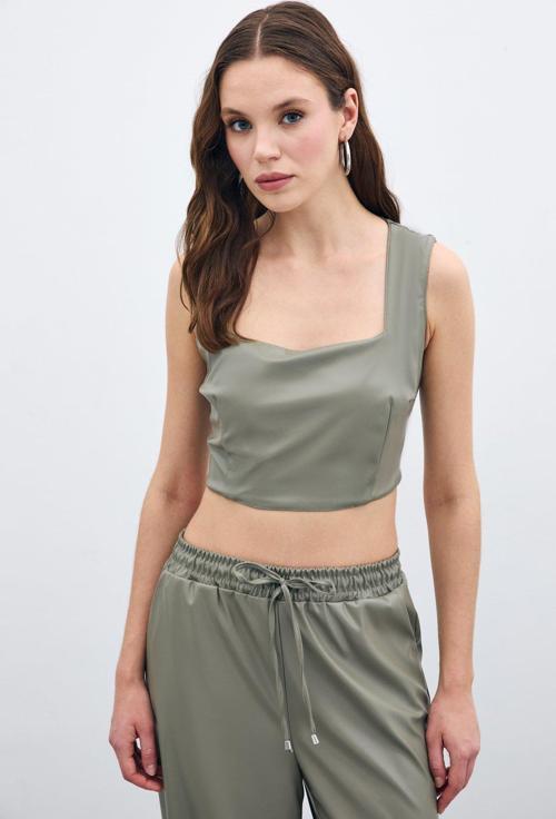 Kare Yaka Deri Crop - Çağla Yeşili