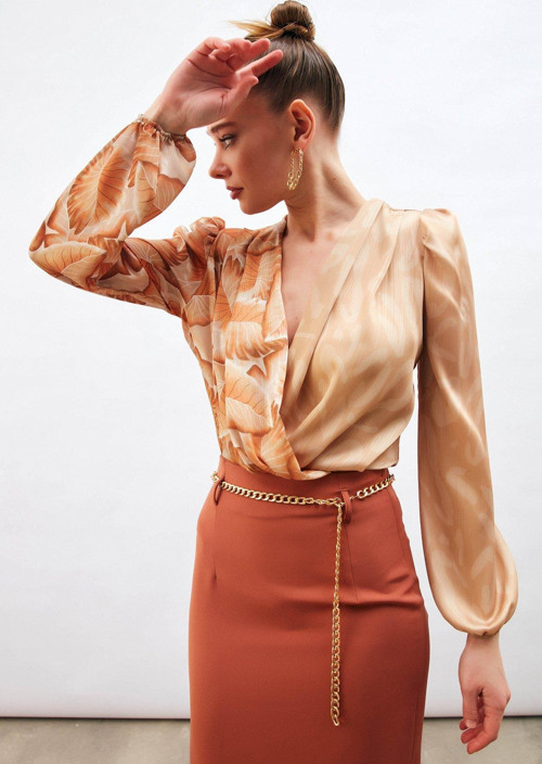 Kruvaze Desenli Bodysuit Bluz - Kahve