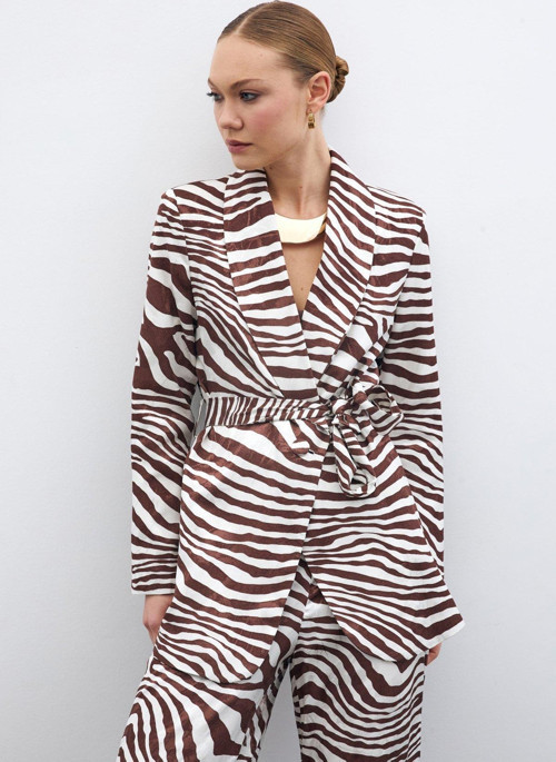 Kuşaklı Zebra Ceket - Kahve