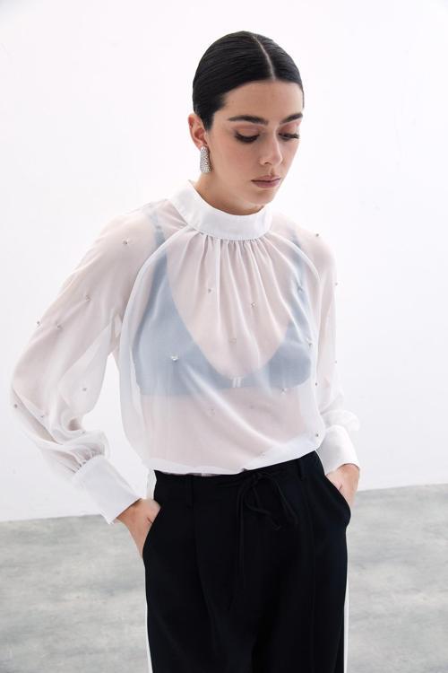 Taş Detaylı Transparan Bluz - Ekru