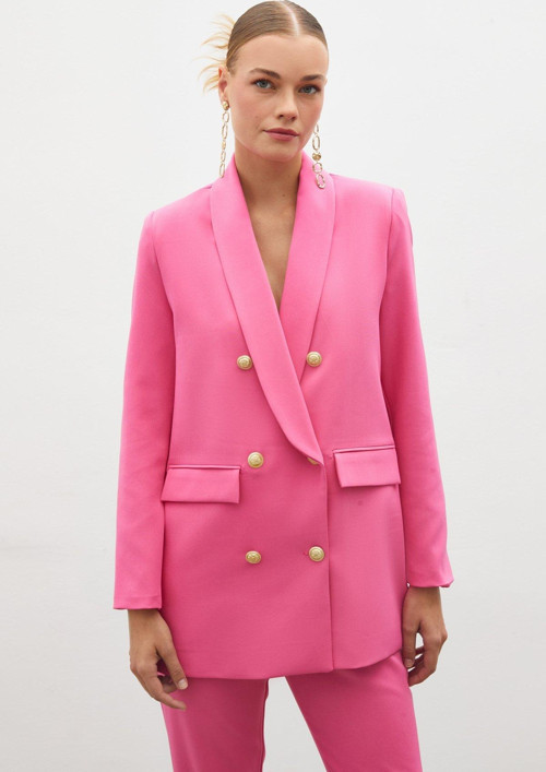 Düğme Detaylı Kruvaze Ceket - Pembe