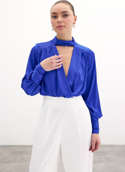 Drape Detaylı Bodysuit Bluz - Sax Mavi