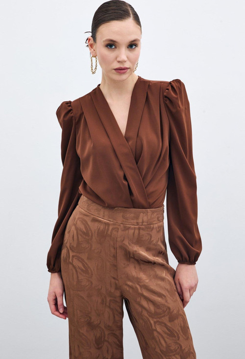 Kruvaze Vatkalı Bodysuit - Kahve