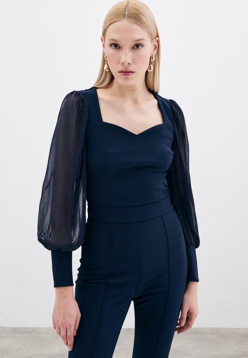 Balon Kol Crop Bluz - Lacivert