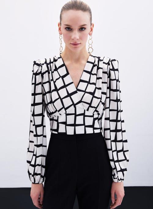 Desenli Crop Bluz - Ekru