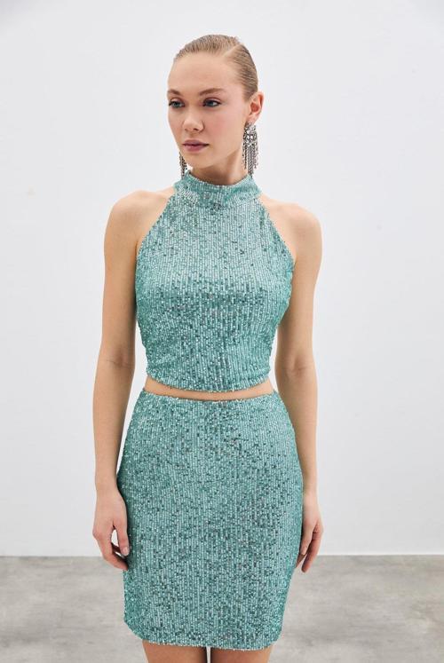 Kolsuz Payetli Bluz - Mint