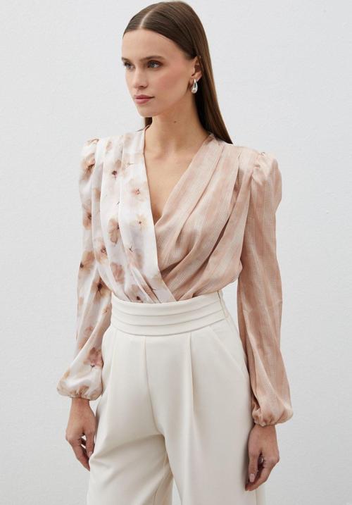 Çift Desenli Kruvaze Bodysuit Bluz - Vizon