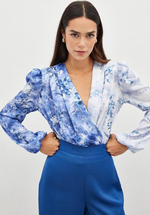 Çiçek Desenli Bodysuit Bluz - İndigo