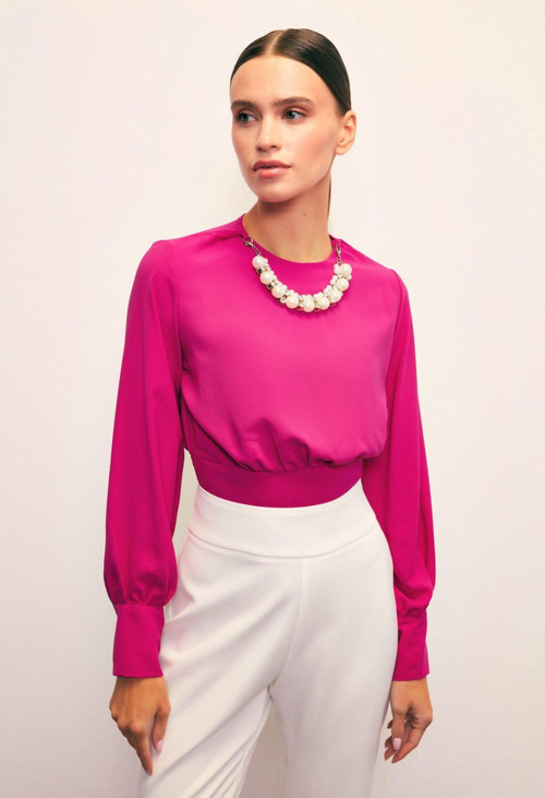 Kolye Detaylı Crop Bluz - Fuşya