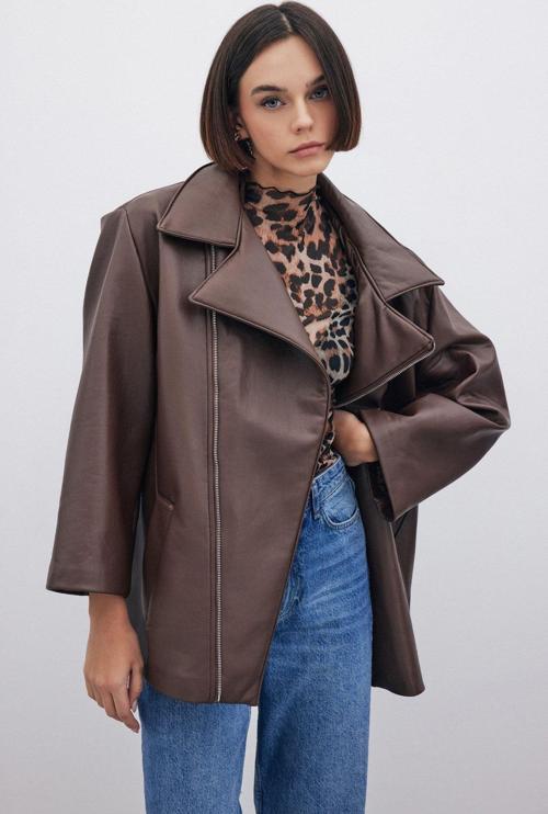 Oversize Deri Ceket - Kahve