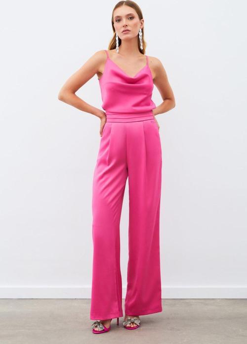 Cepli Salaş Saten Pantolon - Fuşya