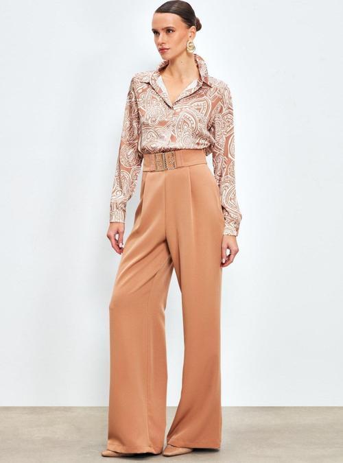 Bel Aksesuarlı Bol Paça Pantolon - Camel