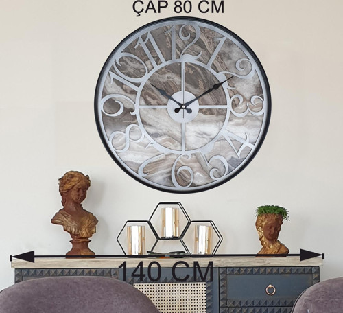 Metal Kasalı Mermer Desenli Metalik Gri Duvar Saati Çap 80 Cm