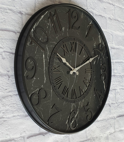 Siyah Renk Metal Kasalı Mermer Desenli Siyah Renkli Duvar Saati Çap 50 Cm