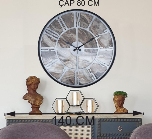 Metal Kasalı Mermer Desenli Metalik Gri Duvar Saati Çap 80 Cm
