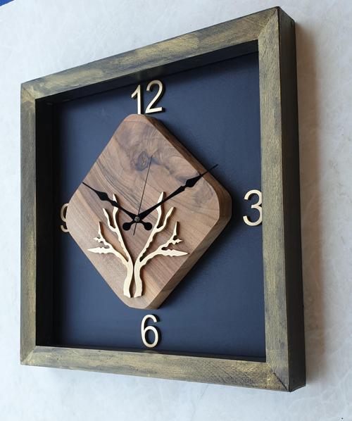Doğal Masif Ahşap Ağaç Kare Gold(Altın)Duvar , Masa Saati 30X30 Cm