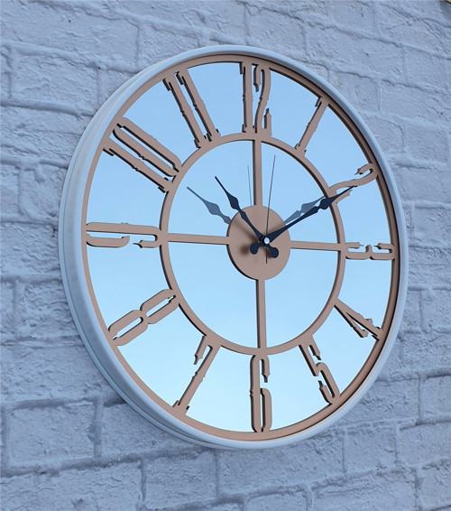 Beyaz Metal Kasalı Aynalı Bakır Renkli Duvar Saati Çap 40 Cm