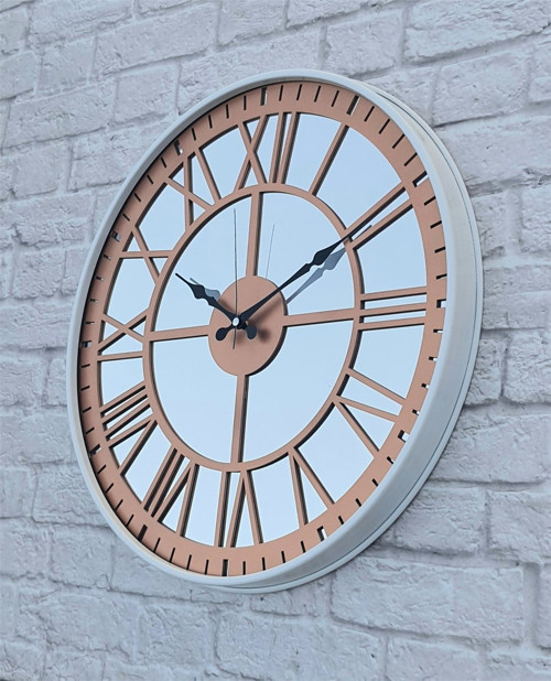 Beyaz Metal Kasalı Aynalı Bakır Renkli Duvar Saati Çap 40 Cm