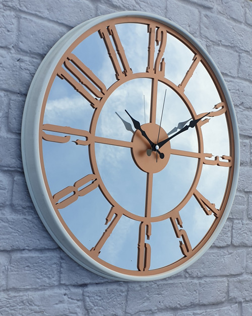 Beyaz Metal Kasalı Aynalı Bakır Renkli Duvar Saati Çap 50 Cm