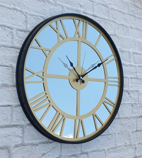 Siyah Renkli Metal Kasalı Aynalı Altın (Gold) Renkli Duvar Saati Çap 40 Cm
