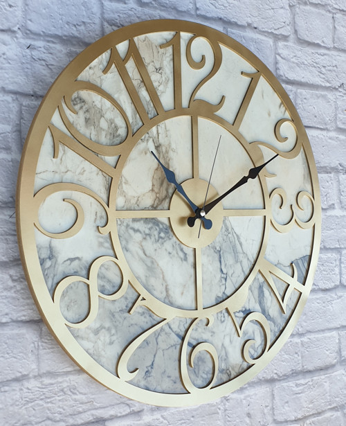 Mermer Desenli Altın (Gold) Renkli Duvar Saati Çap 50 Cm