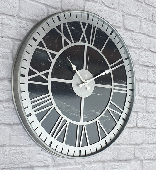 Metal Kasalı Mermer Desenli Metalik Gri Renkli Duvar Saati Çap 50 Cm