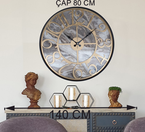 Metal Kasalı Mermer Desenli Altın(Gold) Renkli Duvar Saati Çap 80 Cm