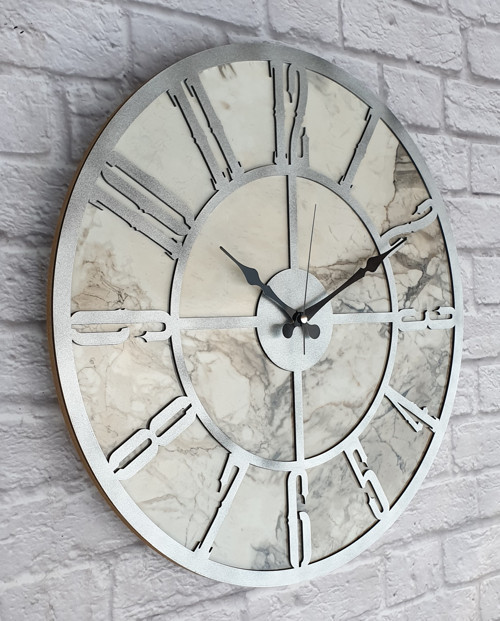 Mermer Desenli Metalik Gri Renkli Duvar Saati Çap 50 Cm