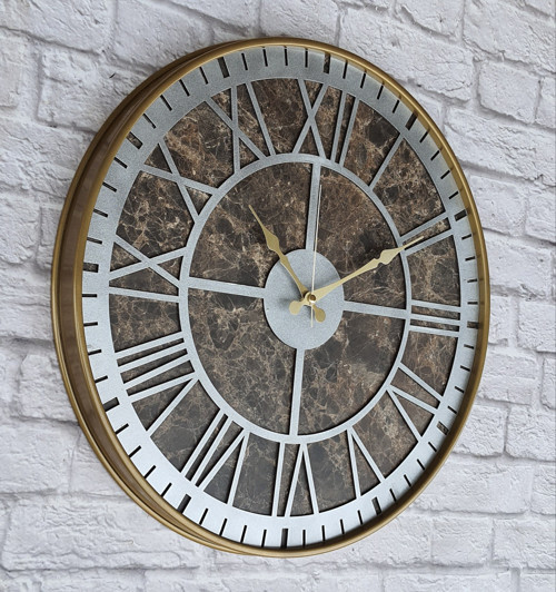 Metal Kasalı Mermer Desenli Metalik Gri Renkli Duvar Saati Çap 50 Cm