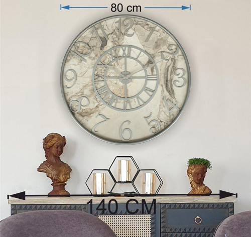 Gri Renk Metal Kasalı Mermer Desenli Gri Renkli Duvar Saati Çap 80 Cm