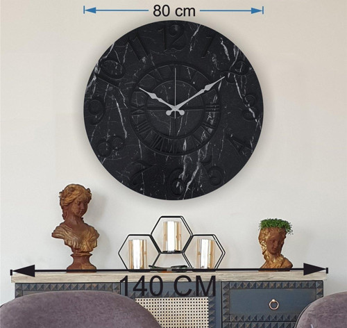 Mermer Desenli Siyah Renkli Duvar Saati Çap 80Cm