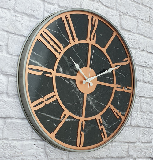 Metal Kasalı Mermer Desenli Bakır Renkli Duvar Saati Çap 50 Cm