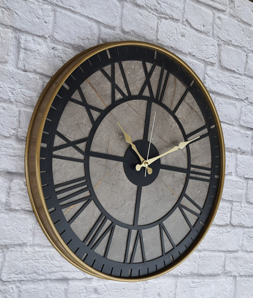 Metal Kasalı Mermer Desenli Siyah Renkli Duvar Saati Çap 50 Cm