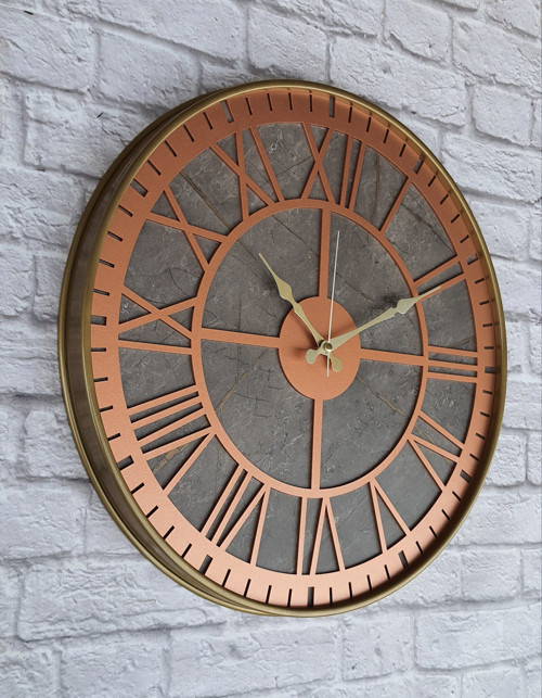Metal Kasalı Mermer Desenli Bakır Renkli Duvar Saati Çap 50 Cm