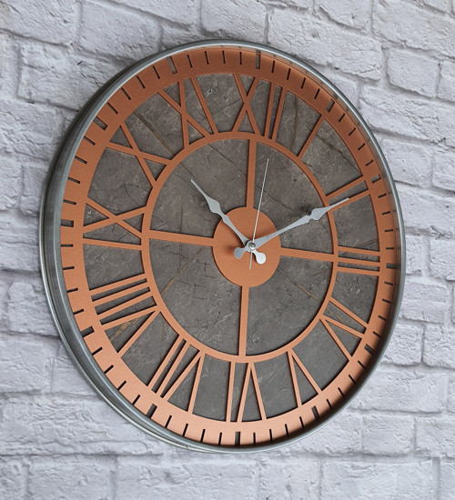 Metal Kasalı Mermer Desenli Bakır Renkli Duvar Saati Çap 50 Cm