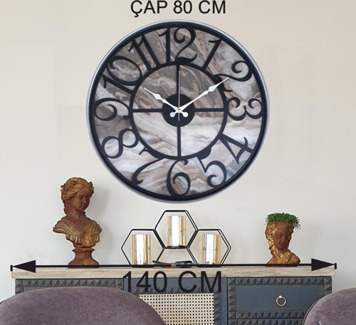 Metal Kasalı Mermer Desenli Siyah Renkli Duvar Saati Çap 80 Cm