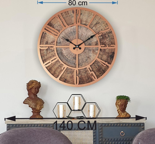 Eski Dünya Duvar Saati Bakır 80X80Cm