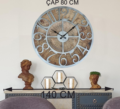 Eski Dünya Duvar Saati Metalik Gri 80X80 Cm