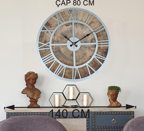 Eski Dünya Duvar Saati Metalik Gri 80X80 Cm