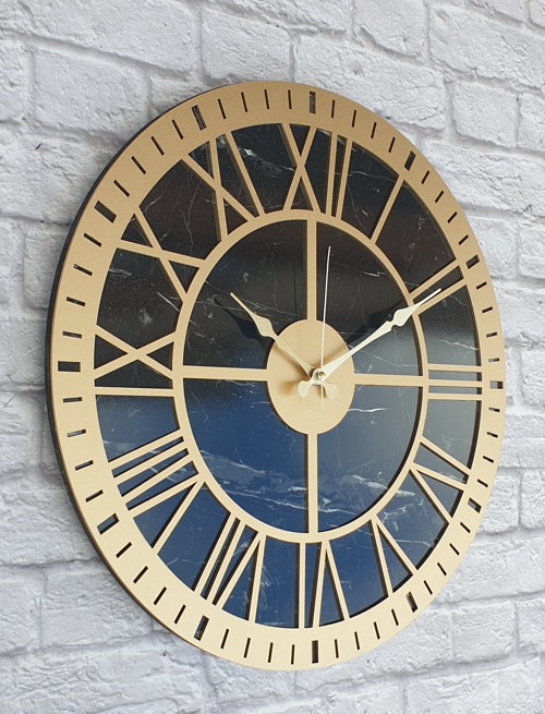 Mermer Desenli Altın (Gold) Renkli Duvar Saati Çap 50 Cm