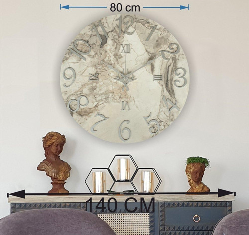 Mermer Desenli Gri Renkli Duvar Saati Çap 80Cm