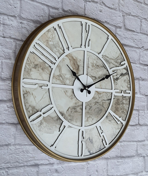 Metal Kasalı Mermer Desenli Beyaz Renkli Duvar Saati Çap 50 Cm