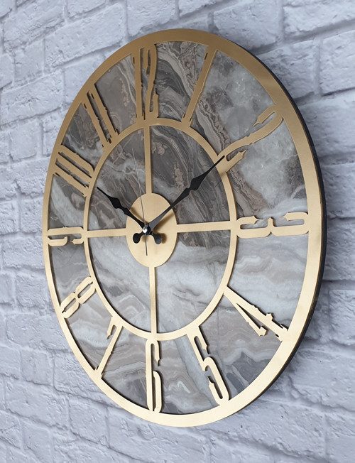 Mermer Desenli Altın (Gold) Renkli Duvar Saati Çap 50 Cm