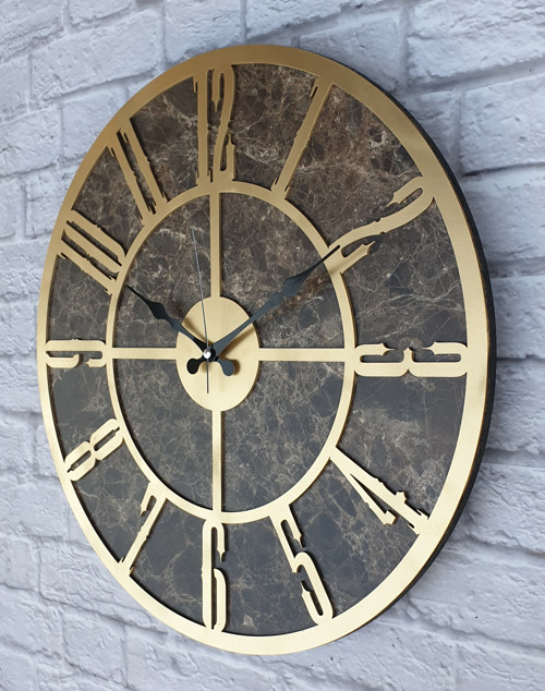 Mermer Desenli Altın (Gold) Renkli Duvar Saati Çap 50 Cm