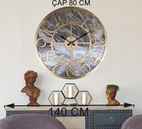 Mermer Desenli Altın (Gold) Renkli Duvar Saati Çap 80 Cm
