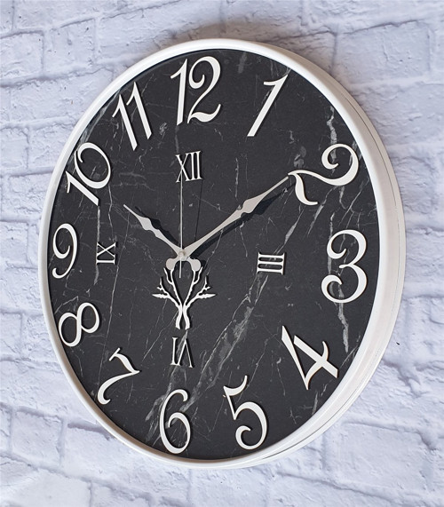 Beyaz Renk Metal Kasalı Mermer Desenli Beyaz Renkli Duvar Saati Çap 40 Cm
